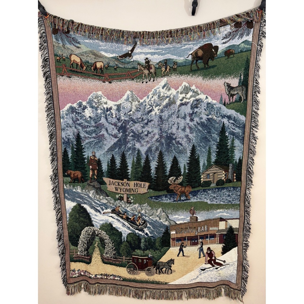 Vintage Woven Tapestry Throw Blanket Jackson Hole Wyoming Souvenir Western 90s